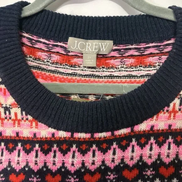 J Crew Women’s Fair Isle Winter Sweater Pink Blue Heart Nordic Sz 2X Wool Blend - Picture 3 of 9